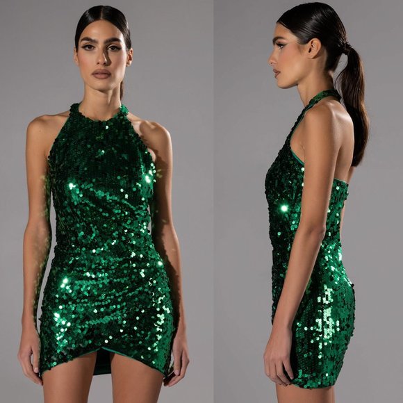 AKIRA Green Paillette Sequin Ruched Side Halter Open Back Mini Dress NWT Size XS - Picture 3 of 5
